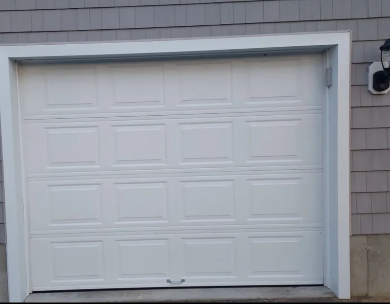 Single white raised-panel garage door beneath gray shingles.